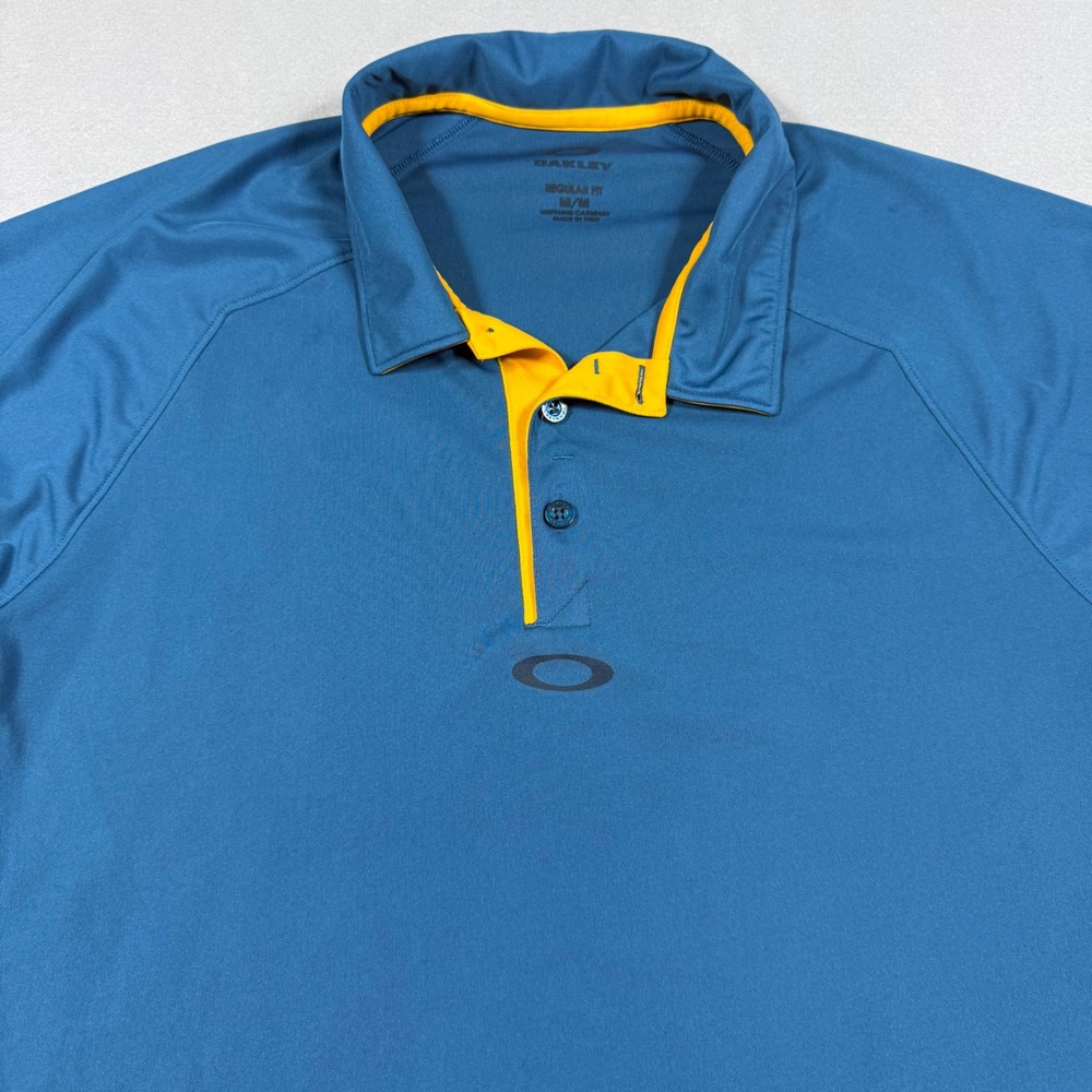 Oakley Mens Regular Fit Polo Shirt Teal Blue Yellow Accents Short Sleeve Medium